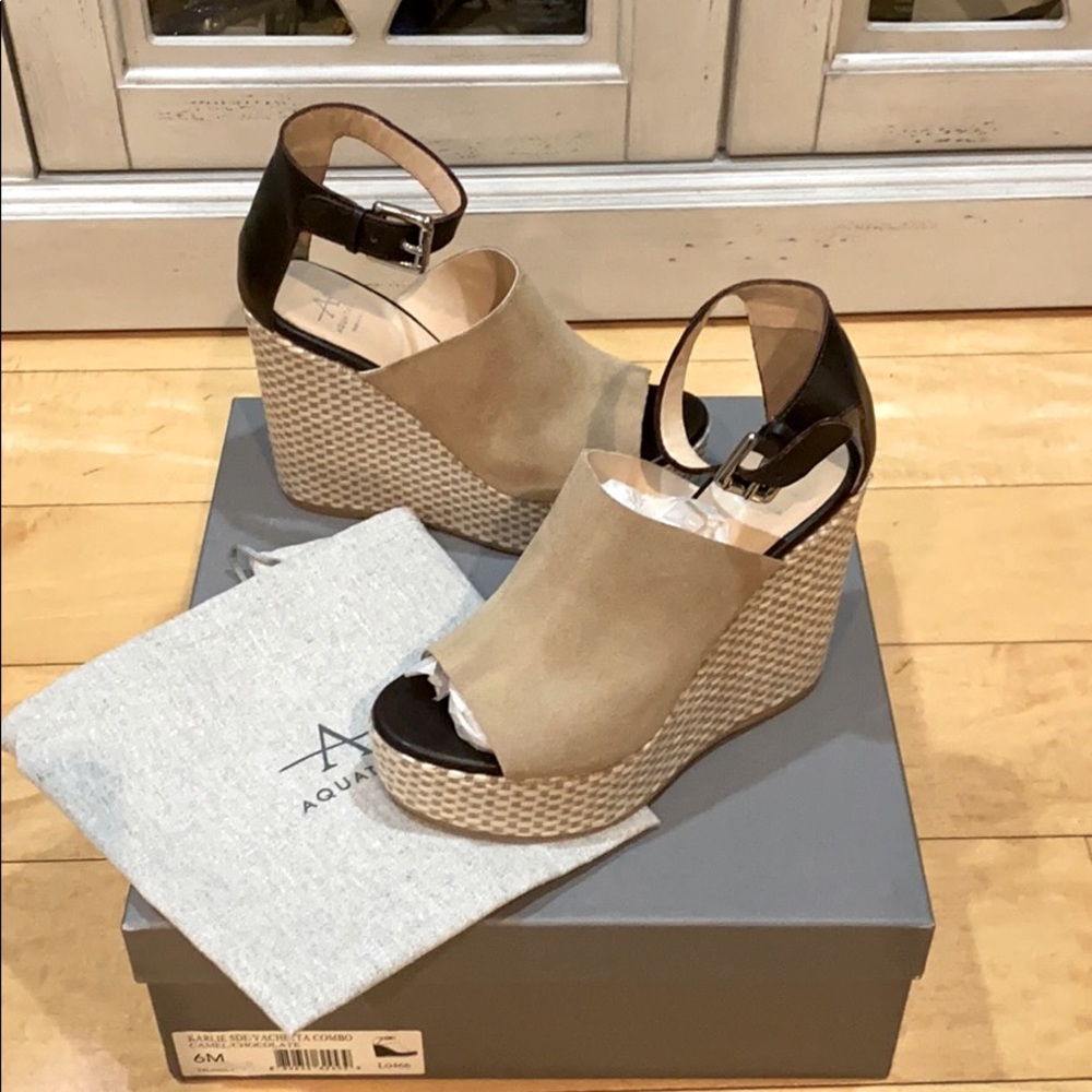 Aquatalia camel/ chocolate wedge shoes size 6M